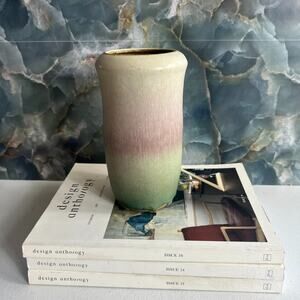 Studio Art Pottery Vase 7" Green Pink Ombre Handmade & Signed